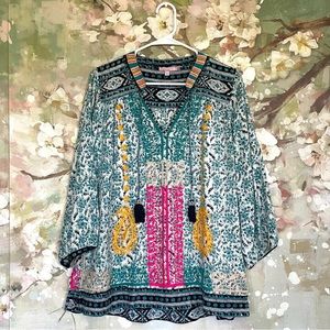 Calypso St. Barth Teal and Pink Patterned Blouse